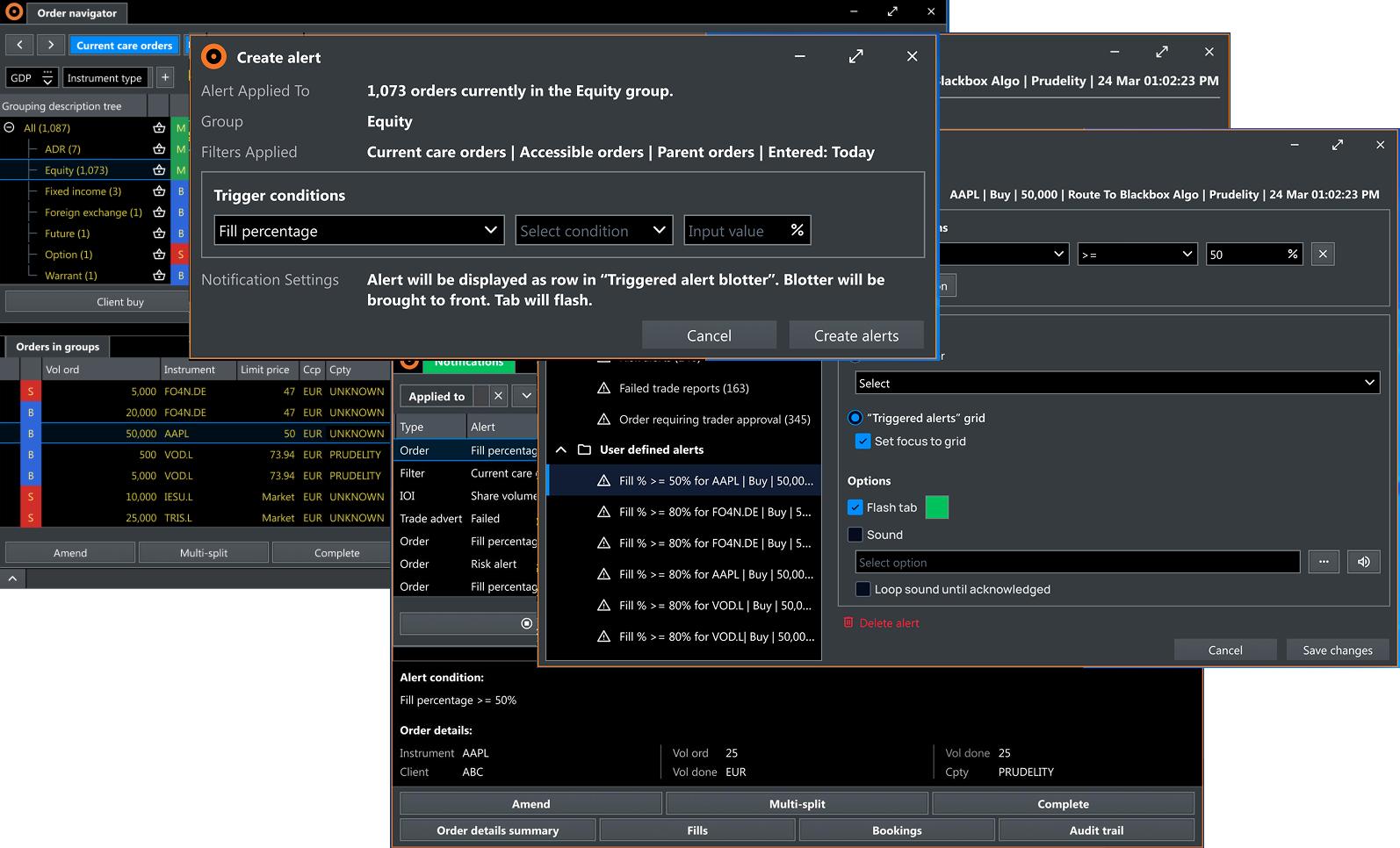 Redesigned alerts: unified Create Alert dialog with order context, trigger conditions, and notification settings