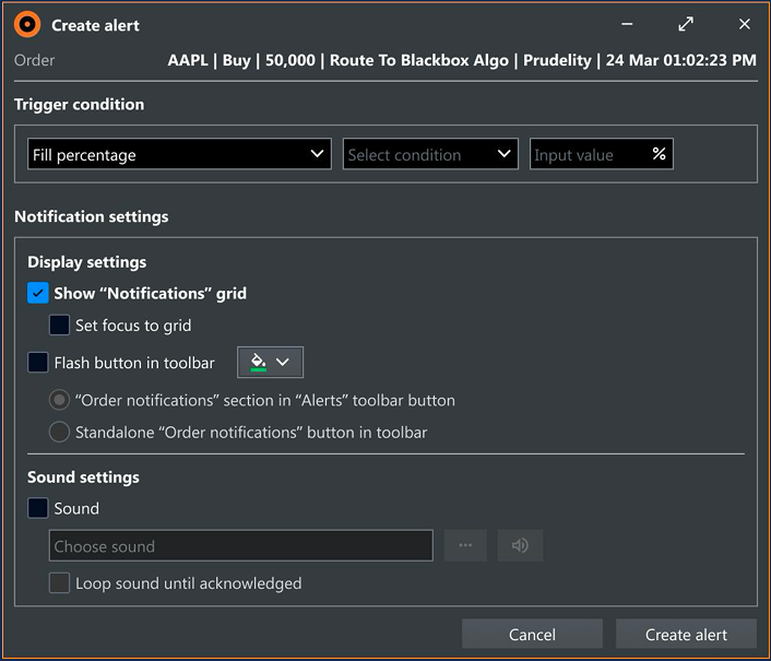 Redesigned Create Alert with Display settings and Sound settings sections
