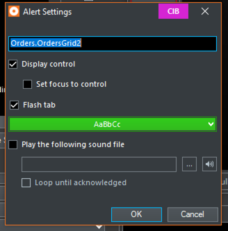 Current Alert Settings dialog: Flash tab, Display control, Set focus to control