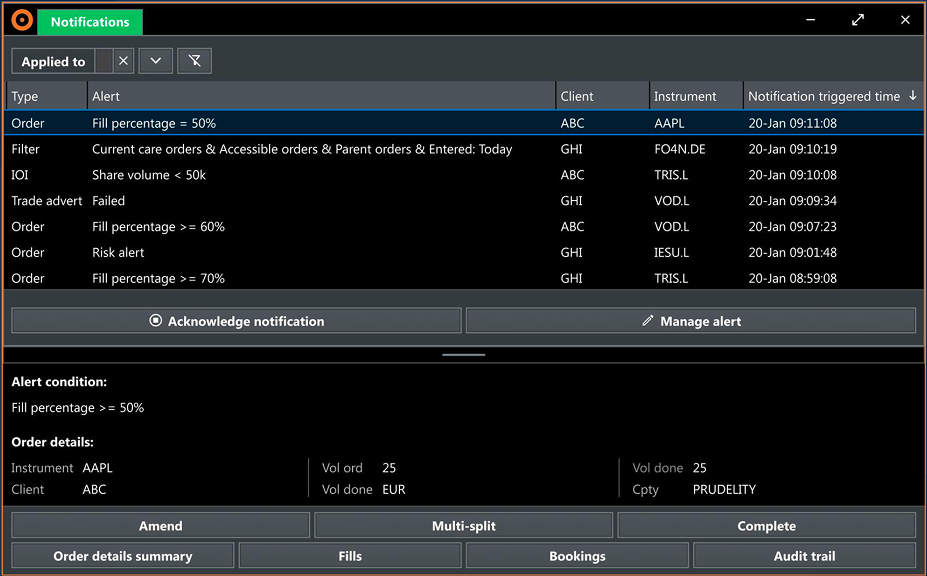 Notifications blotter with inline order detail panel and action buttons on row selection