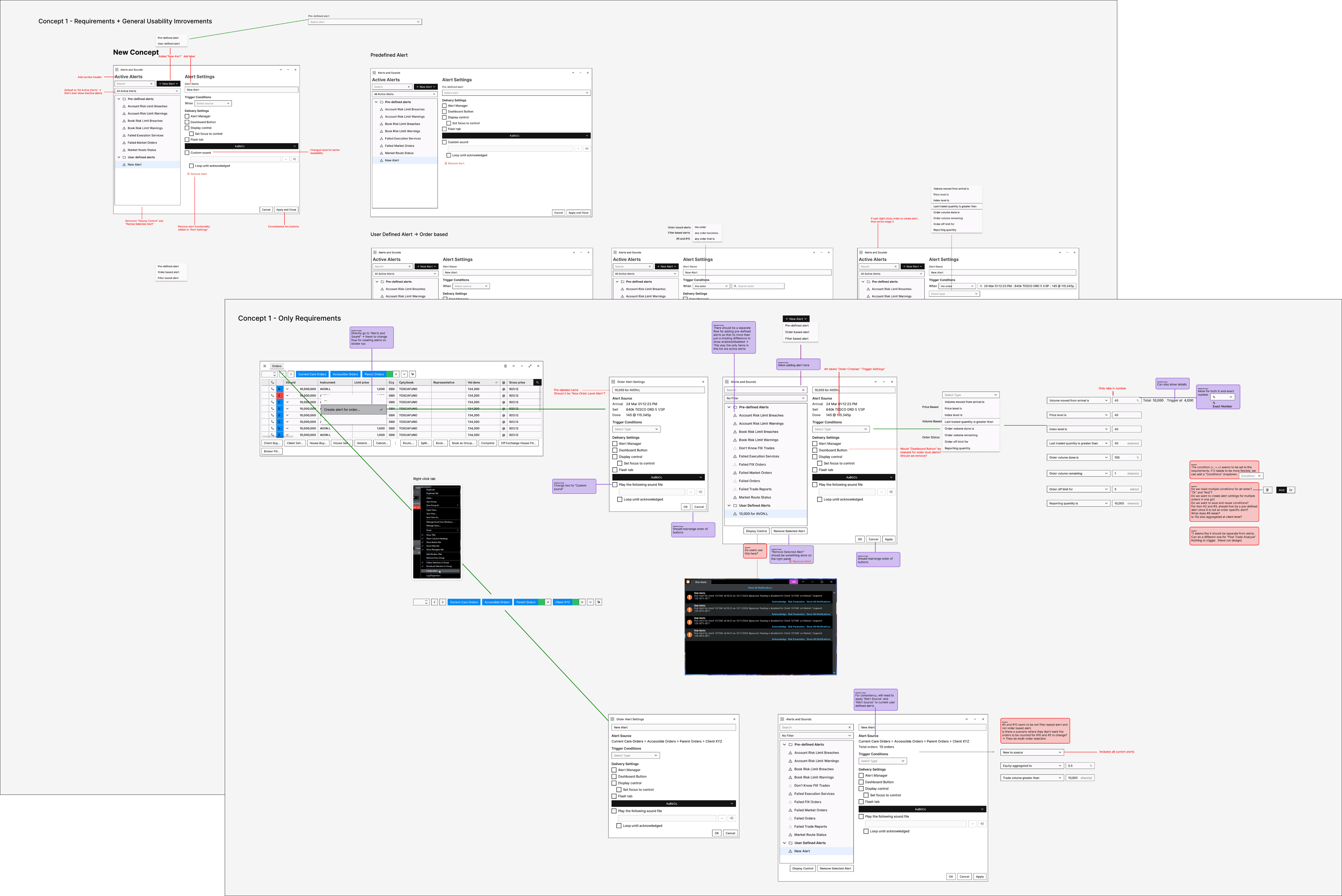 Wireframes: alert configuration concepts
