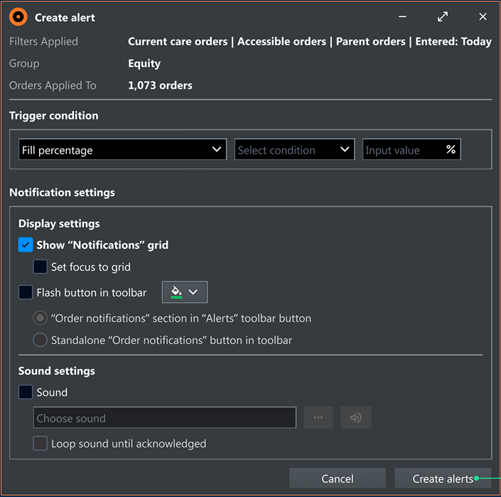 Create Alert dialog showing three sections: order details, trigger condition, and notification settings