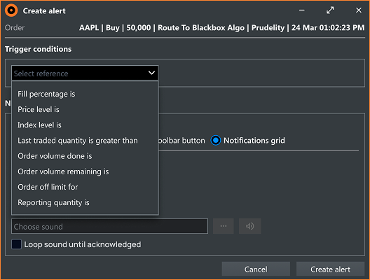 Trigger condition dropdown open showing curated field list